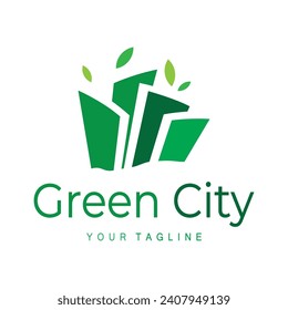 green and healthy modern city with leaf logo design for business, property, building, eco city, future city, architect, environmentally friendly