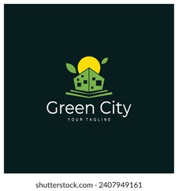 green and healthy modern city with leaf logo design for business, property, building, eco city, future city, architect, environmentally friendly