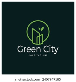 ciudad moderna verde y saludable con el diseño del logo de la hoja para negocios, propiedad, edificio, ciudad ecológica, ciudad futura, arquitecto, respetuoso con el medio ambiente