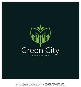 green and healthy modern city with leaf logo design for business, property, building, eco city, future city, architect, environmentally friendly