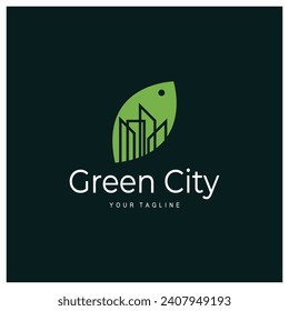 green and healthy modern city with leaf logo design for business, property, building, eco city, future city, architect, environmentally friendly