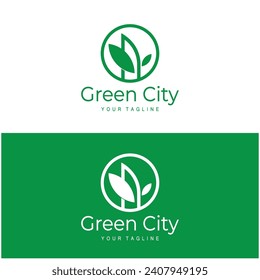 green and healthy modern city with leaf logo design for business, property, building, eco city, future city, architect, environmentally friendly