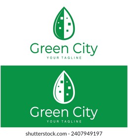 green and healthy modern city with leaf logo design for business, property, building, eco city, future city, architect, environmentally friendly