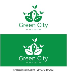 green and healthy modern city with leaf logo design for business, property, building, eco city, future city, architect, environmentally friendly