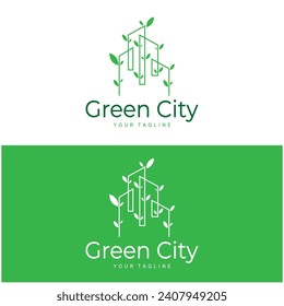 green and healthy modern city with leaf logo design for business, property, building, eco city, future city, architect, environmentally friendly