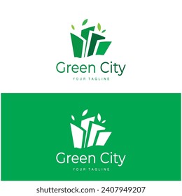 green and healthy modern city with leaf logo design for business, property, building, eco city, future city, architect, environmentally friendly