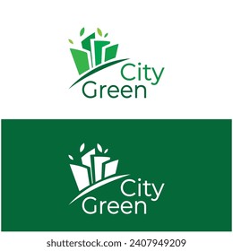 green and healthy modern city with leaf logo design for business, property, building, eco city, future city, architect, environmentally friendly