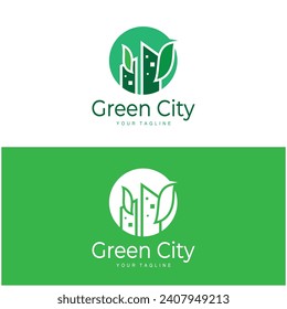 green and healthy modern city with leaf logo design for business, property, building, eco city, future city, architect, environmentally friendly