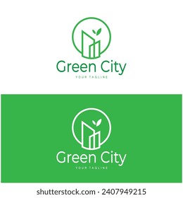 ciudad moderna verde y saludable con el diseño del logo de la hoja para negocios, propiedad, edificio, ciudad ecológica, ciudad futura, arquitecto, respetuoso con el medio ambiente