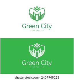 green and healthy modern city with leaf logo design for business, property, building, eco city, future city, architect, environmentally friendly