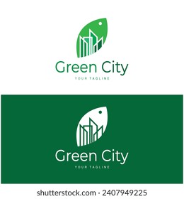 green and healthy modern city with leaf logo design for business, property, building, eco city, future city, architect, environmentally friendly
