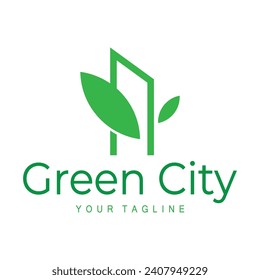 green and healthy modern city with leaf logo design for business, property, building, eco city, future city, architect, environmentally friendly
