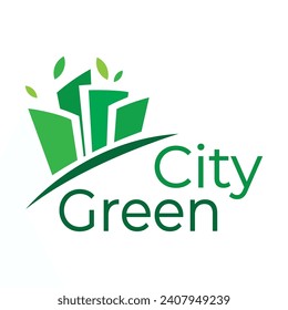 green and healthy modern city with leaf logo design for business, property, building, eco city, future city, architect, environmentally friendly