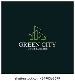green and healthy modern city with leaf logo design for business, property, building, eco city, future city, architect, environmentally friendly
