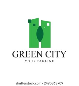 green and healthy modern city with leaf logo design for business, property, building, eco city, future city, architect, environmentally friendly