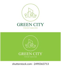 green and healthy modern city with leaf logo design for business, property, building, eco city, future city, architect, environmentally friendly