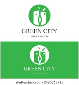 green and healthy modern city with leaf logo design for business, property, building, eco city, future city, architect, environmentally friendly