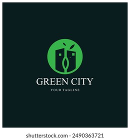 green and healthy modern city with leaf logo design for business, property, building, eco city, future city, architect, environmentally friendly