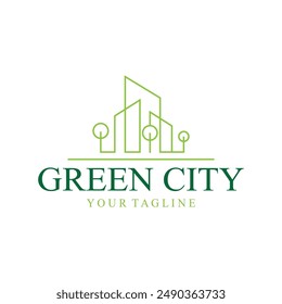 green and healthy modern city with leaf logo design for business, property, building, eco city, future city, architect, environmentally friendly