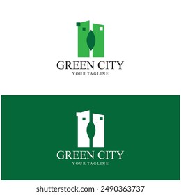 green and healthy modern city with leaf logo design for business, property, building, eco city, future city, architect, environmentally friendly
