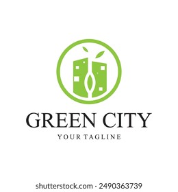 green and healthy modern city with leaf logo design for business, property, building, eco city, future city, architect, environmentally friendly