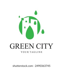 green and healthy modern city with leaf logo design for business, property, building, eco city, future city, architect, environmentally friendly