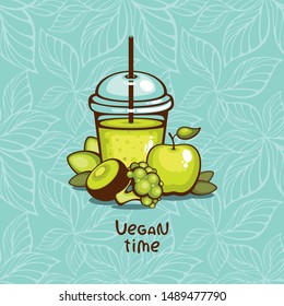 Green healthy smoothie on seamless leaf background. Food vector illustration with "Vegan time" lettering. Natural juice with apple, broccoli, green leaves and kiwi fruit. Summer drink for vegan menu.