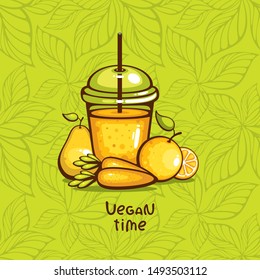 Green healthy smoothie on seamless leaf background. Food vector illustration with "Vegan time" lettering. Natural juice with pear, carrot and orange fruit. Summer drink for vegan menu.