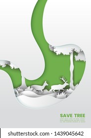 Green healthy stomach with trees and deers concept,Paper art and digital craft style.