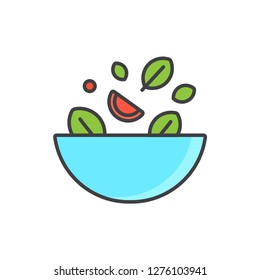 Green healthy vegetarian salad bowl colored line icon.