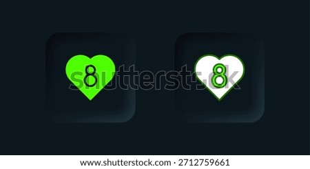 Green Heart with 8 March icon isolated on black background. Romantic symbol linked, join, passion and wedding. Happy Women Day. Black square button. Vector