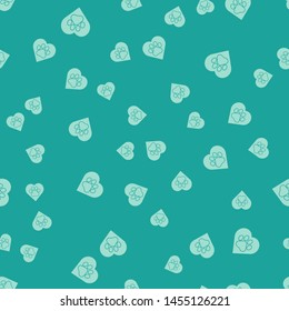 Green Heart with animals footprint icon isolated seamless pattern on green background. Pet paw in heart. Love to the animals.  Vector Illustration