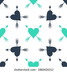 Green Heart with arrow icon isolated seamless pattern on white background. Happy Valentine's day. Cupid dart pierced to the heart. Love symbol. Amour symbol. Vector.