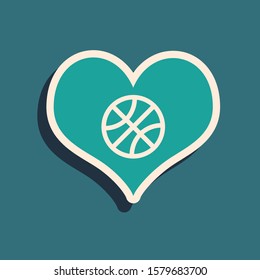 Green Heart with basketball ball inside icon isolated on blue background. Basketball love. Long shadow style. Vector Illustration