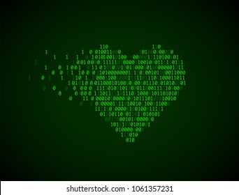 Green heart of binary code. Concept of virtual love, online Dating, robotization, artificial intelligence