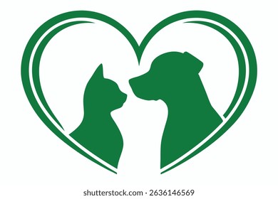Green heart with cat and dog silhouettes illustrating pet love and companionship