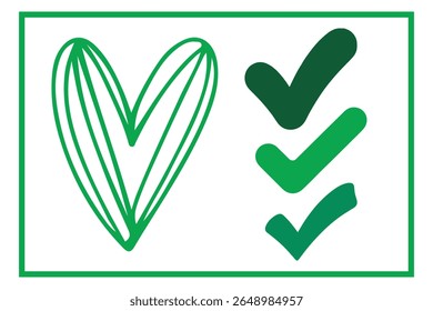 Green heart and checkmarks symbolizing approval and positive choices.