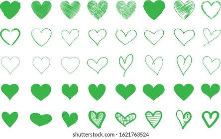 Green heart contour vector. Hand drawn love icon isolated. Paint brush stroke heart icon. Hand drawn vector for love logo, heart symbol, doodle icon and Valentine's day. Painted grunge vector shape