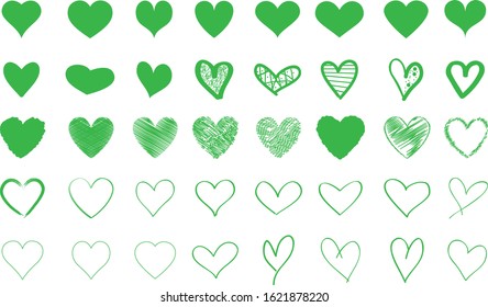 Green heart contour vector. Hand drawn love icon isolated. Paint brush stroke heart icon. Hand drawn vector for love logo, heart symbol, doodle icon and Valentine's day. Painted grunge vector shape