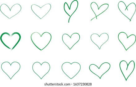 Green heart contour vector. Hand drawn love icon isolated. Paint brush stroke heart icon. Hand drawn vector for love logo, heart symbol, doodle icon and Valentine's day. Painted grunge vector shape