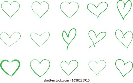 Green heart contour vector. Hand drawn love icon isolated. Paint brush stroke heart icon. Hand drawn vector for love logo, heart symbol, doodle icon and Valentine's day. Painted grunge vector shape