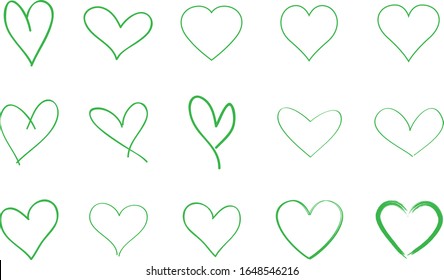 Vektorillustration der grünen Herzkontur. Handgezeichnete Liebessymbol einzeln. Pinsel Pinselstrich Schlagzeilensymbol. Handgezeichnete Vektorillustration für Liebeslogo, Herzsymbol, Doodle-Ikone und Valentinstag. Gestreifte Vektorillustration