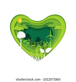 Green heart with eco city abstract paper art background.Ecology and environment conservation with love nature concept.Vector illustration.