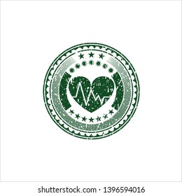 Green heart with electrocardiogram icon inside distressed rubber stamp