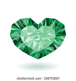 Green Heart. Emerald gem stone vector illustration. 
