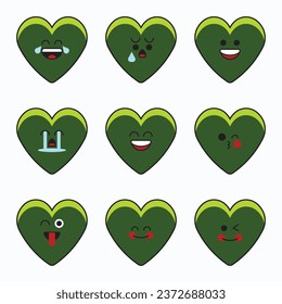 Green heart emoticons icon set. Emoji faces collection. Emoji flat style. Happy and sad emoji. water green heart smiling line - stock vector.