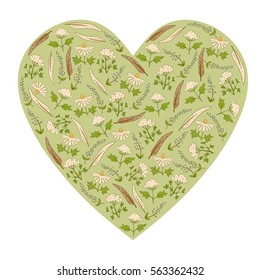 Green heart of the fields wild plant with leaves. Valentine day card.