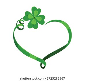 Green heart frame with a four leaf clover happy St Patrick day symbol of love, luck and Irish heritage. Cartoon vector symbol or emblem represents fortune, affection, pride and celebration