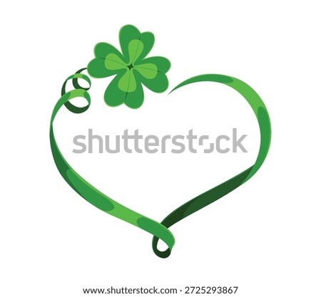 Green heart frame with a four leaf clover happy St Patrick day symbol of love, luck and Irish heritage. Cartoon vector symbol or emblem represents fortune, affection, pride and celebration