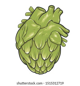 Green Heart Hop Cone. Hop cone logo. Beer Cone Illustration. Heart Hops poster. 